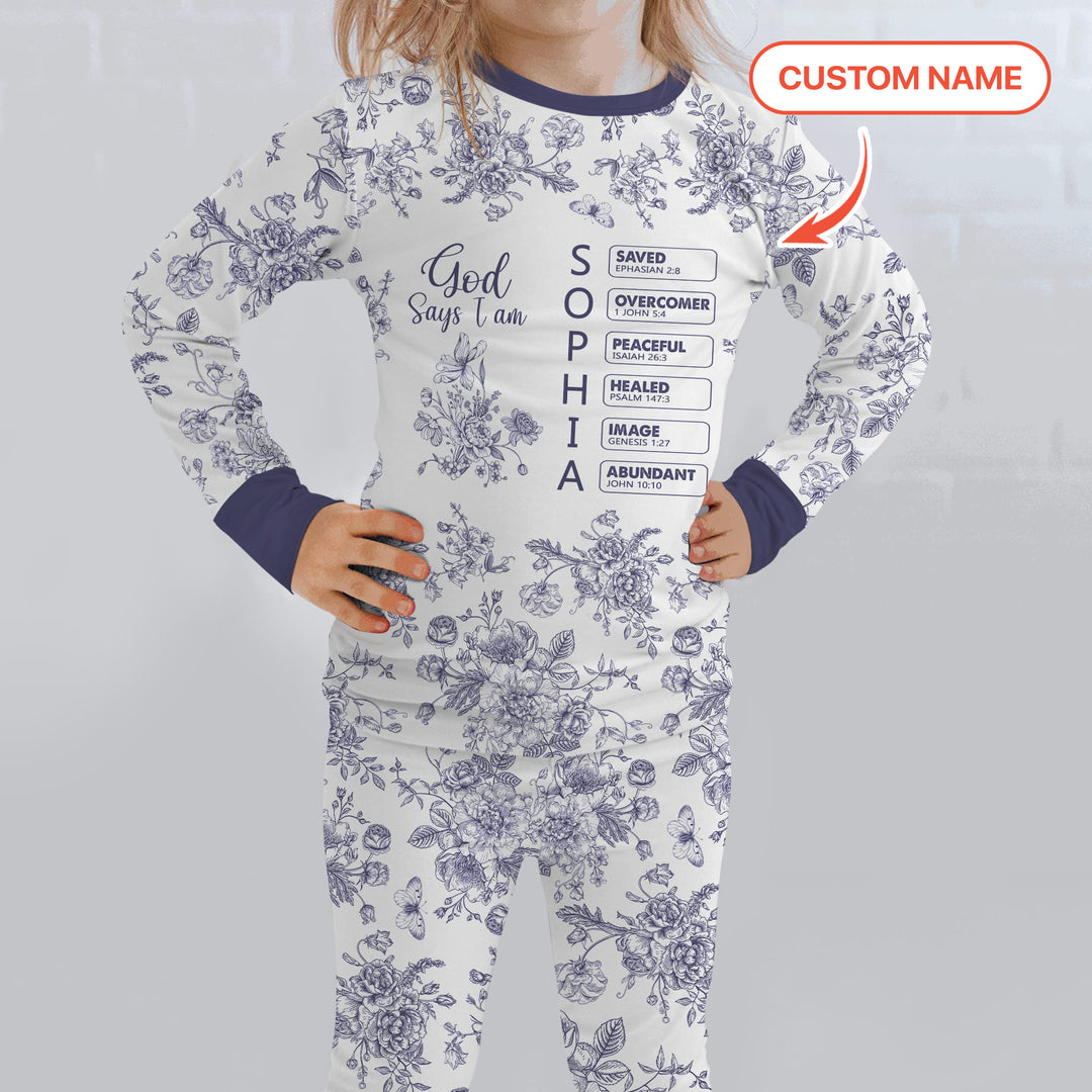 God Says I Am – Faith in Bloom Custom Name and Affirmations Two Piece Long Sleeve Pajama Set