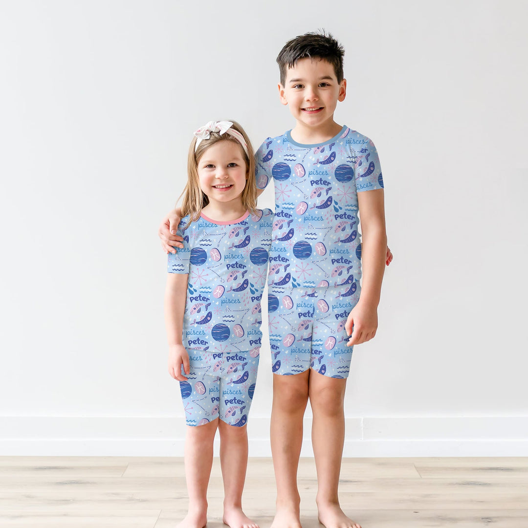 Custom Name Zodiac Pisces Two Piece Short Sleeve Shorts Pajama Set