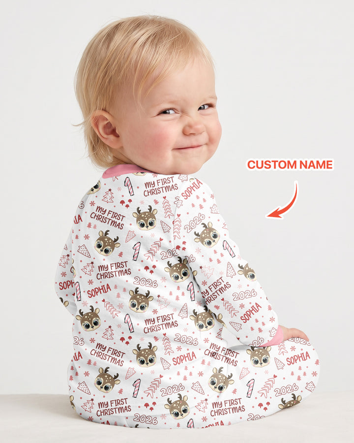 Custom Name Cute Reindeer My First Christmas Bamboo Two Piece Long Sleeve Pajama Set