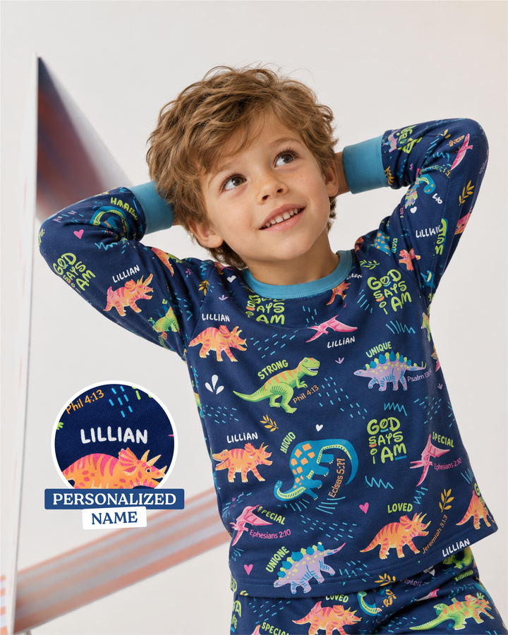 Custom Name God says I am Dinosaur Bamboo Two Piece Long Sleeve Pajama Set