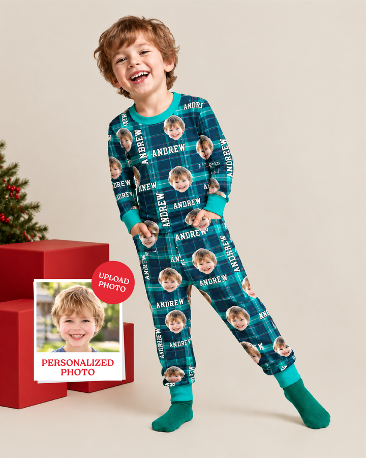 Custom Photo & Name Christmas Plaid Bamboo Two Piece Long Sleeve Pajama Set