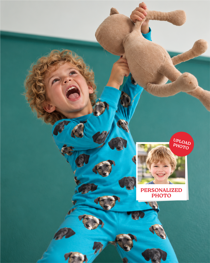 Conjunto de pijama de dos piezas de bambú con mangas largas y foto de cara de mascota personalizada para Navidad