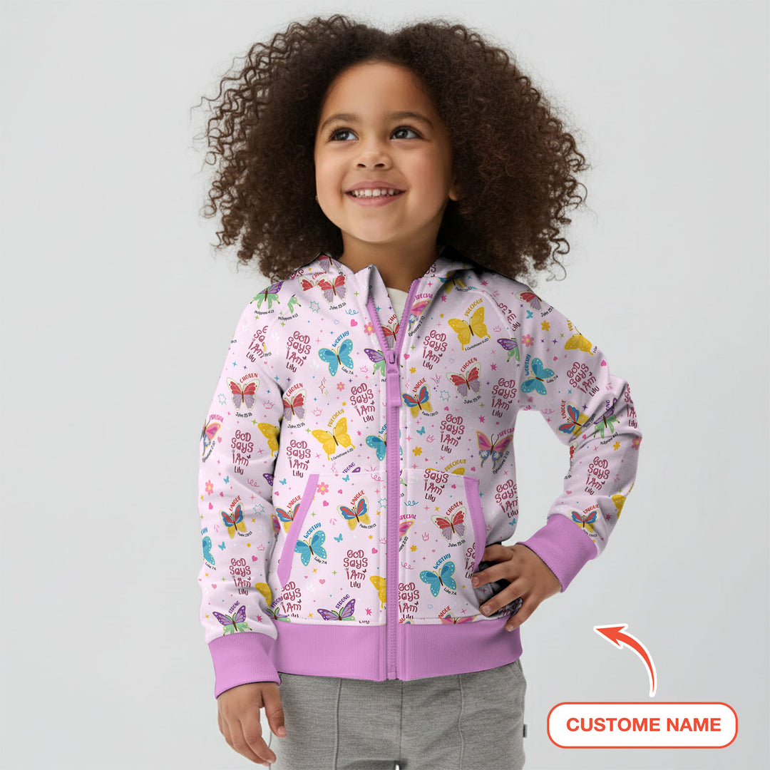 God Says I Am Girl Custom Name Zip Hoodie