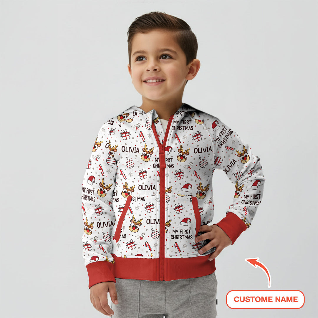 Custom Name Reindeer Doodle My First Christmas Zip Hoodie