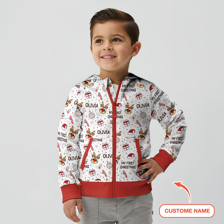 Custom Name Reindeer Doodle My First Christmas Zip Hoodie