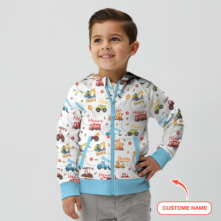 Construction Vehicles Custom Name Zip Hoodie