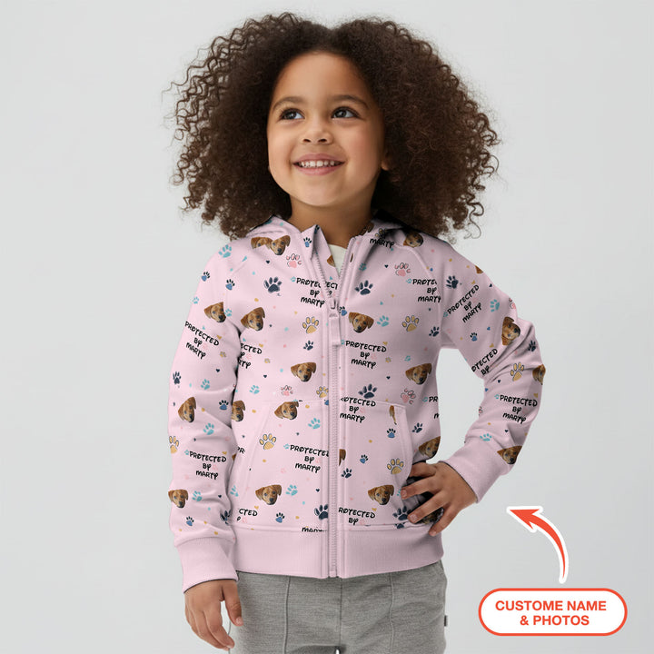 Custom Dog Photo Pattern "Protected By" Zip Hoodie