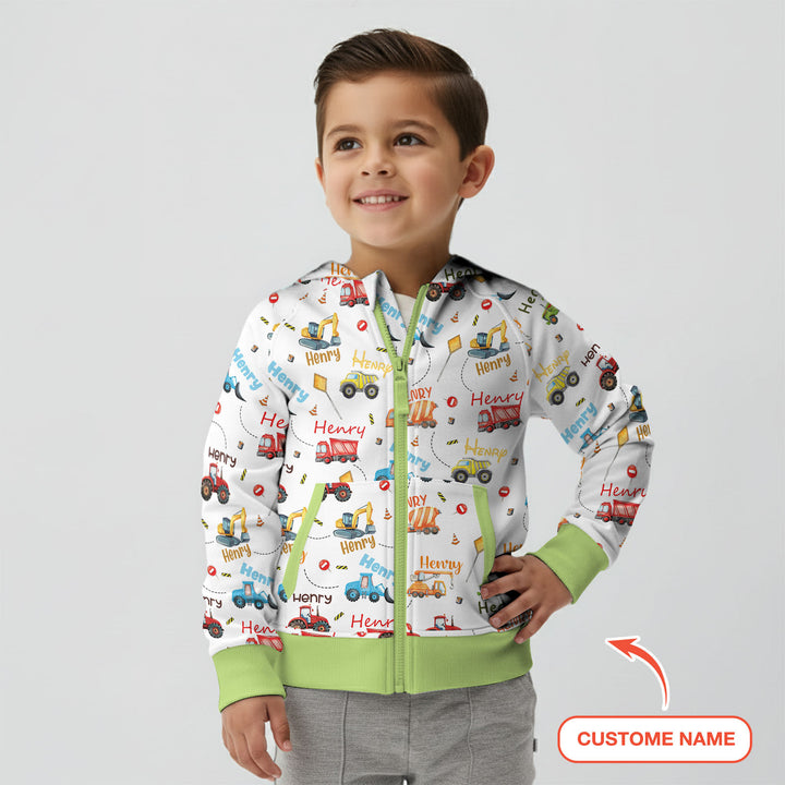 Construction Vehicles Custom Name Zip Hoodie