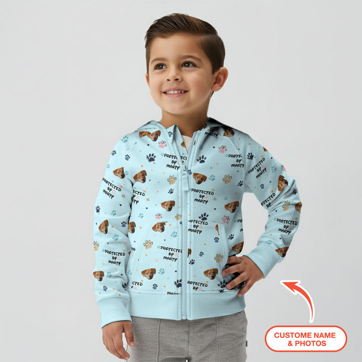 Custom Dog Photo Pattern "Protected By" Zip Hoodie