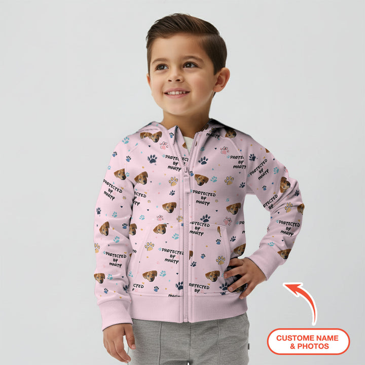 Custom Dog Photo Pattern "Protected By" Zip Hoodie