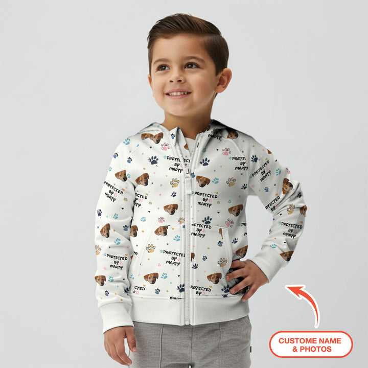 Custom Dog Photo Pattern "Protected By" Zip Hoodie