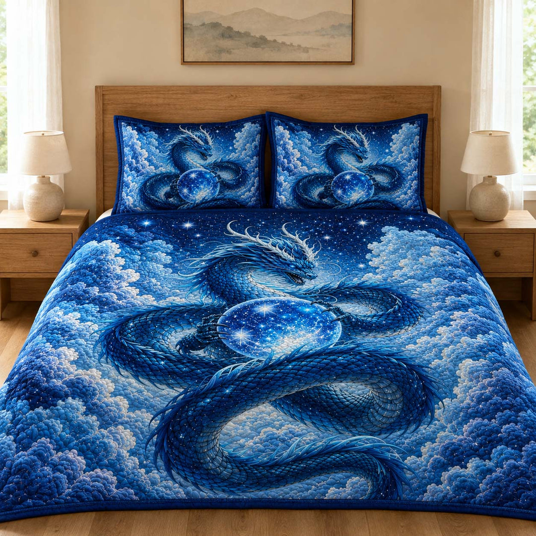 Azure Celestial Orb Dragon Bamboo Quilt Bedding Set