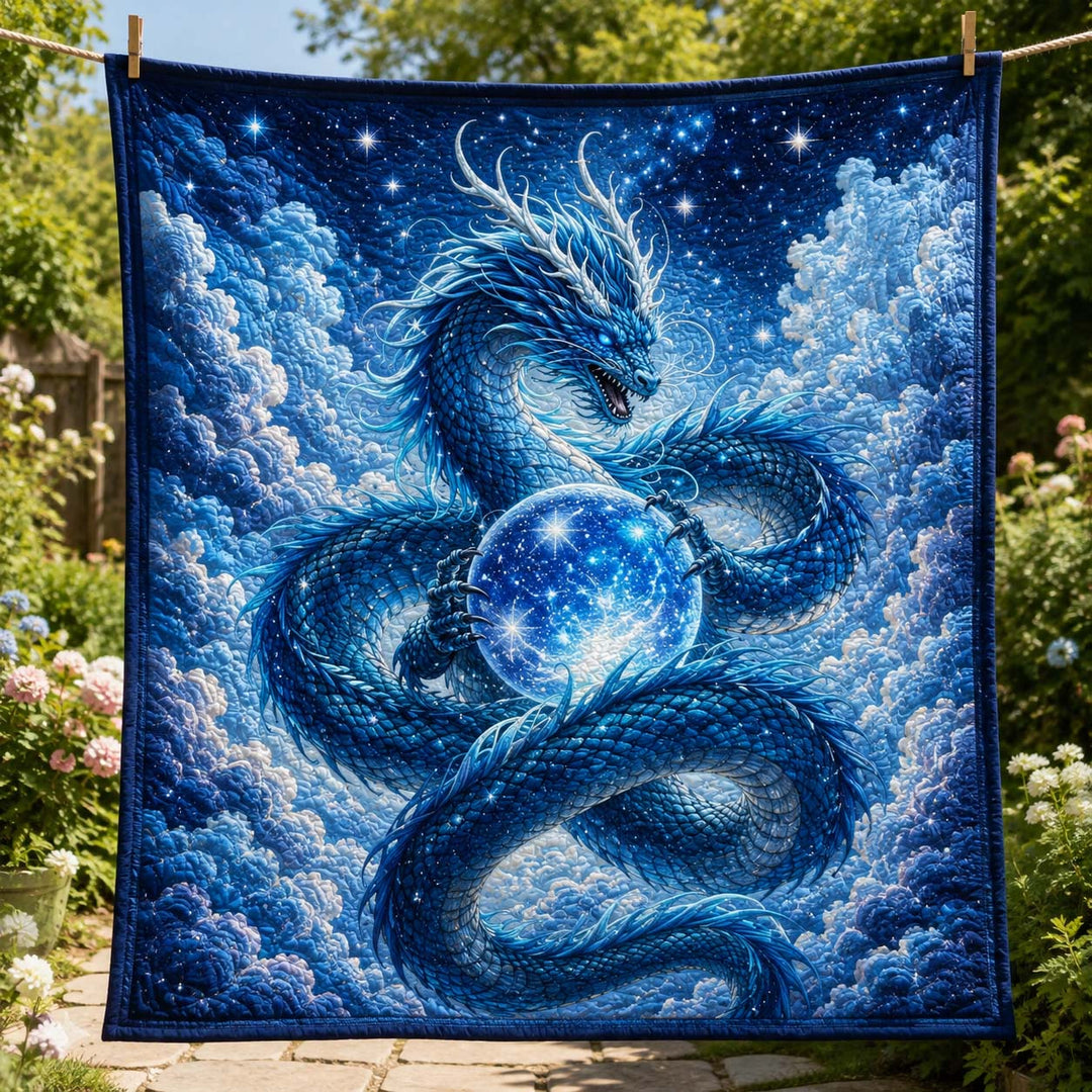 Azure Celestial Orb Dragon Bamboo Quilt Blanket