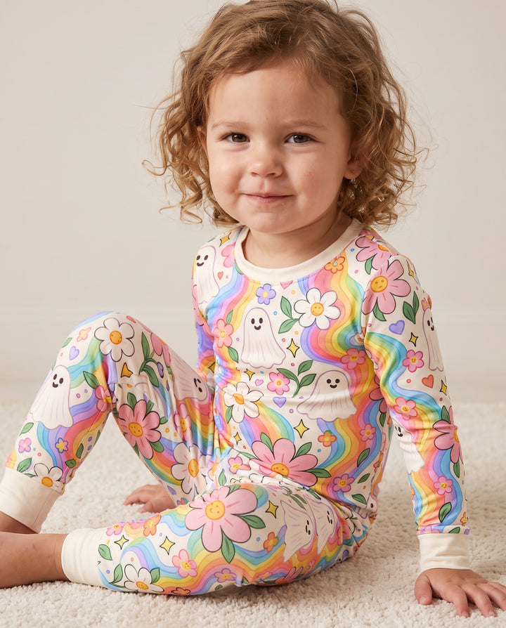 Pastel Rainbow Ghost Garden Bamboo Two Piece Long Sleeve Pajama Set