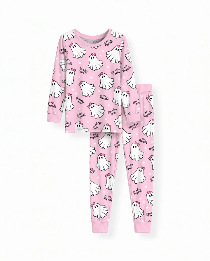 Pink Bow Spooky Ghosts Bamboo Two Piece Long Sleeve Pajama Set