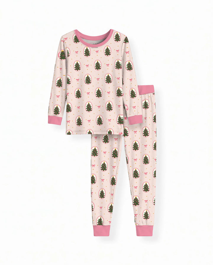 Pink Christmas Tree Cameo Bamboo Two Piece Long Sleeve Pajama Set