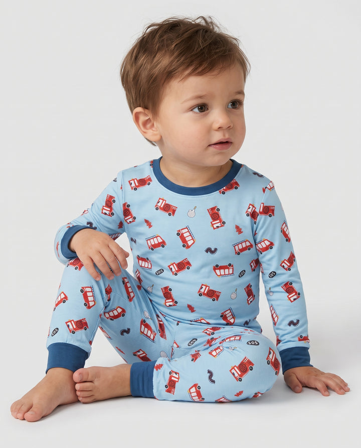 Little Fire Rescue Trucks Bamboo Two Piece Long Sleeve Pajama Set