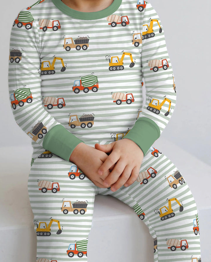 Busy Construction Truck Stripes Bamboo Two Piece Long Sleeve Pajama Set