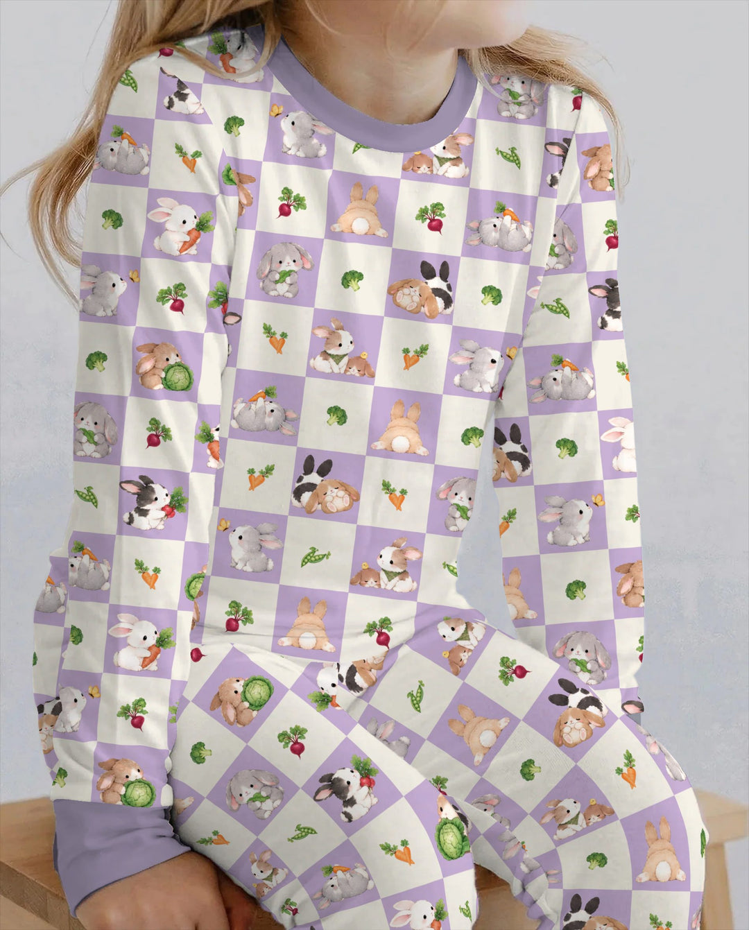 Bunny Lavender Garden Checkerboard Bamboo Two Piece Long Sleeve Pajama Set