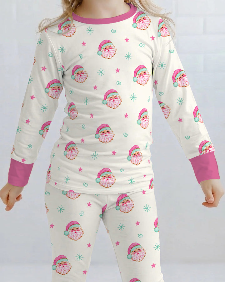 Retro Pink Santa Christmas Bamboo Two Piece Long Sleeve Pajama Set