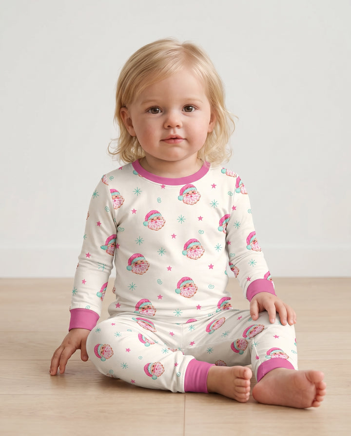 Retro Pink Santa Christmas Bamboo Two Piece Long Sleeve Pajama Set