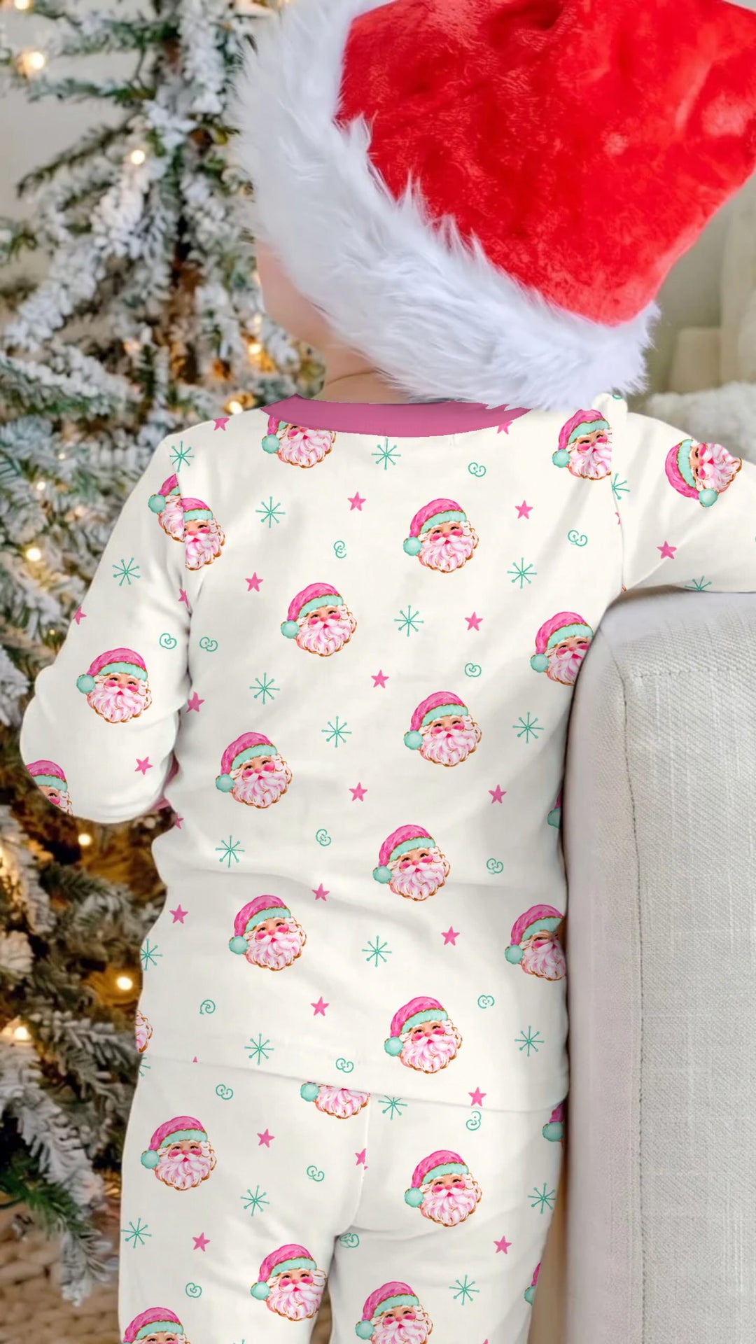 Retro Pink Santa Christmas Bamboo Two Piece Long Sleeve Pajama Set