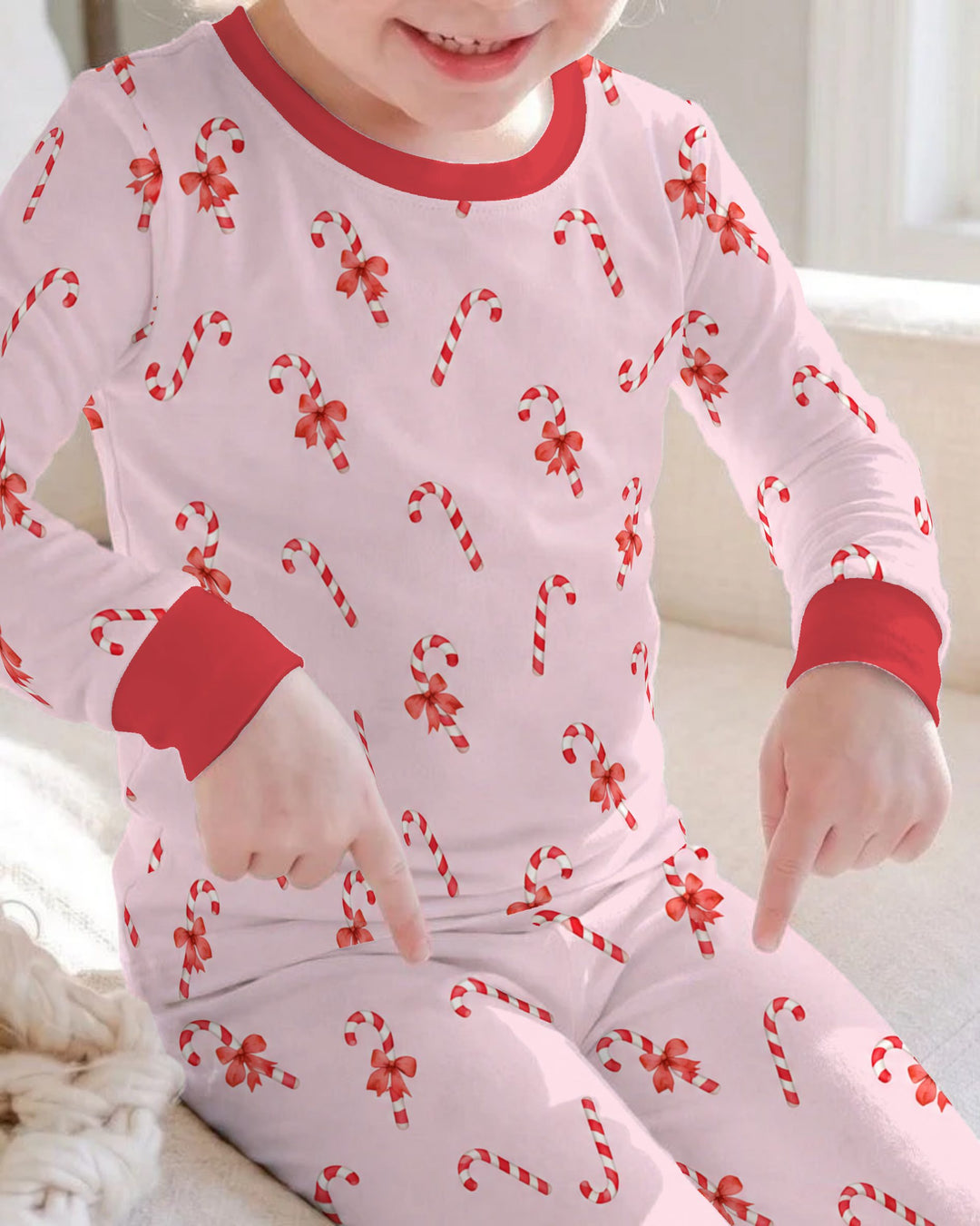 Pink Candy Cane Bow Christmas Bamboo Two Piece Long Sleeve Pajama Set