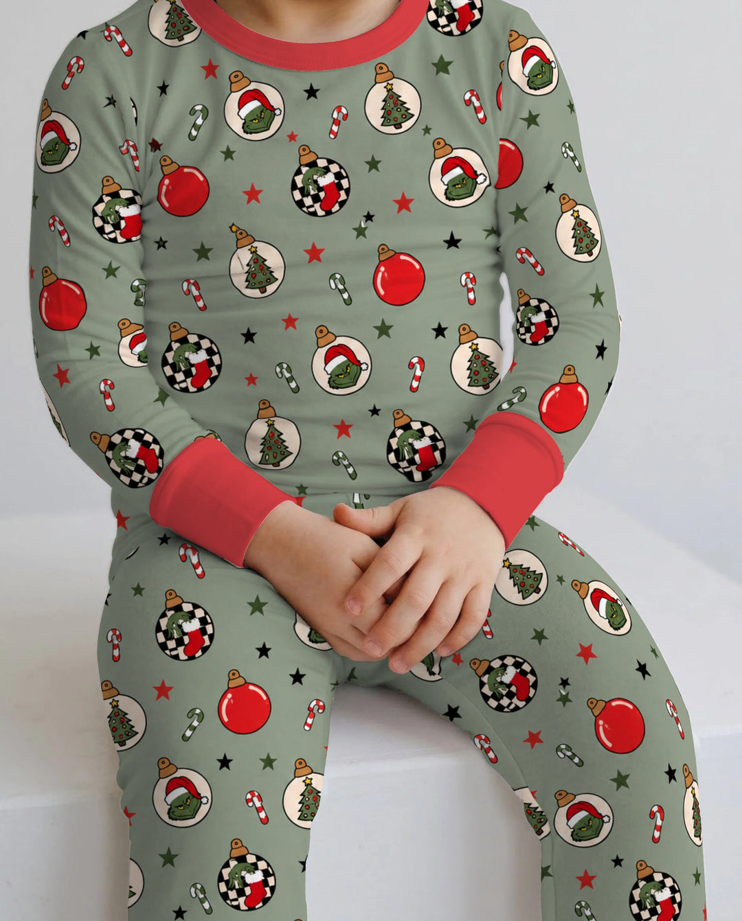 Grinch Christmas Ornaments Sage Green Bamboo Two Piece Long Sleeve Pajama Set