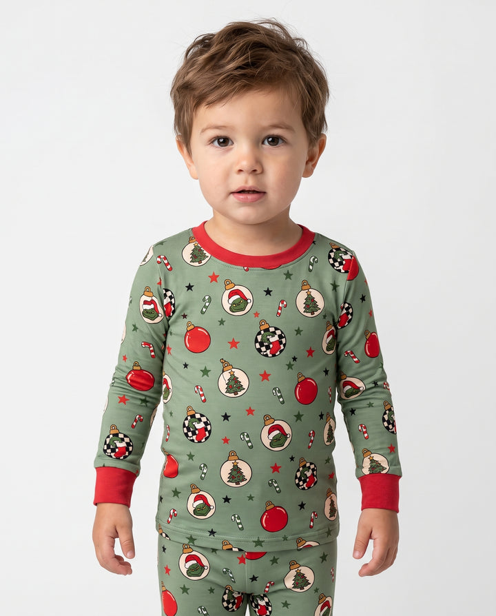 Grinch Christmas Ornaments Sage Green Bamboo Two Piece Long Sleeve Pajama Set