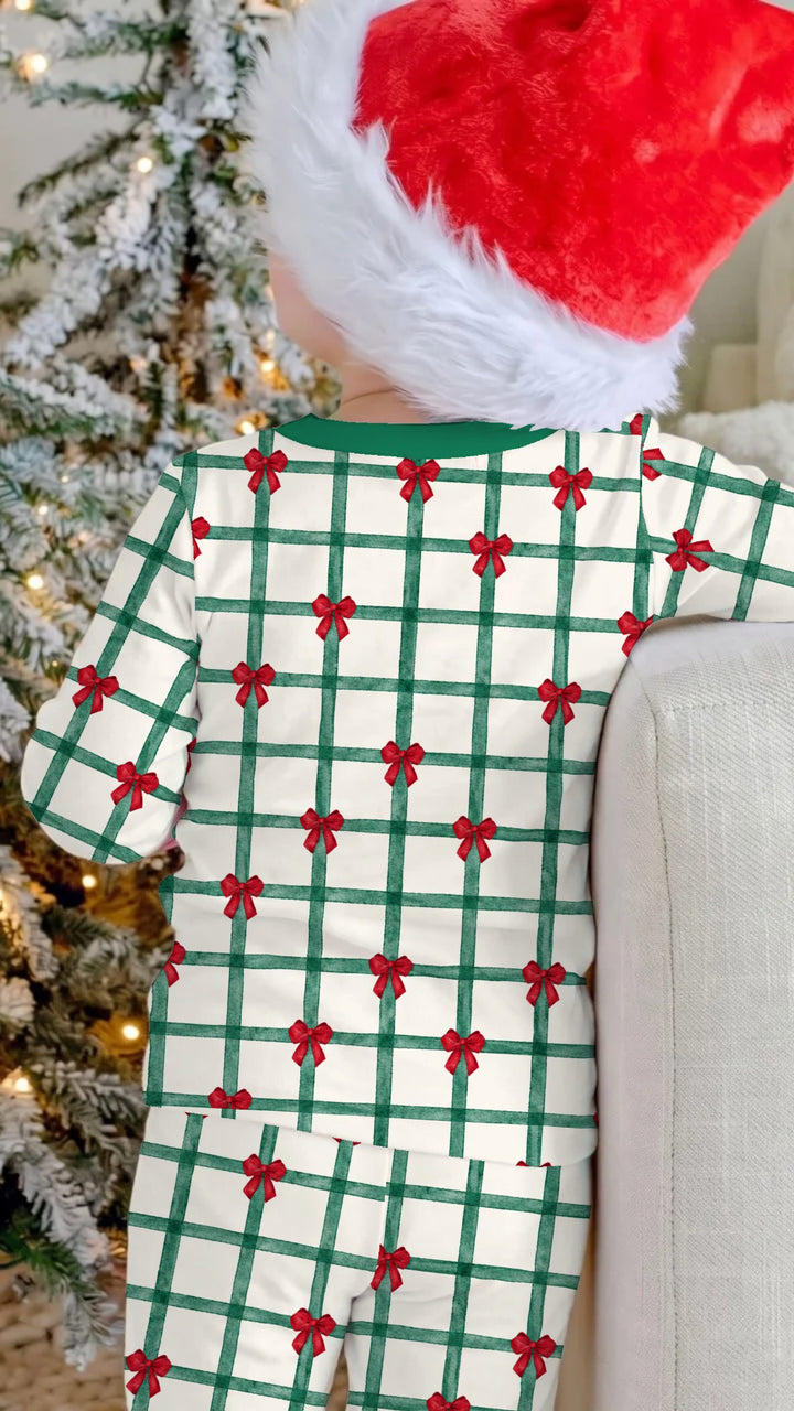 Christmas Plaid Red Bow Bamboo Two Piece Long Sleeve Pajama Set