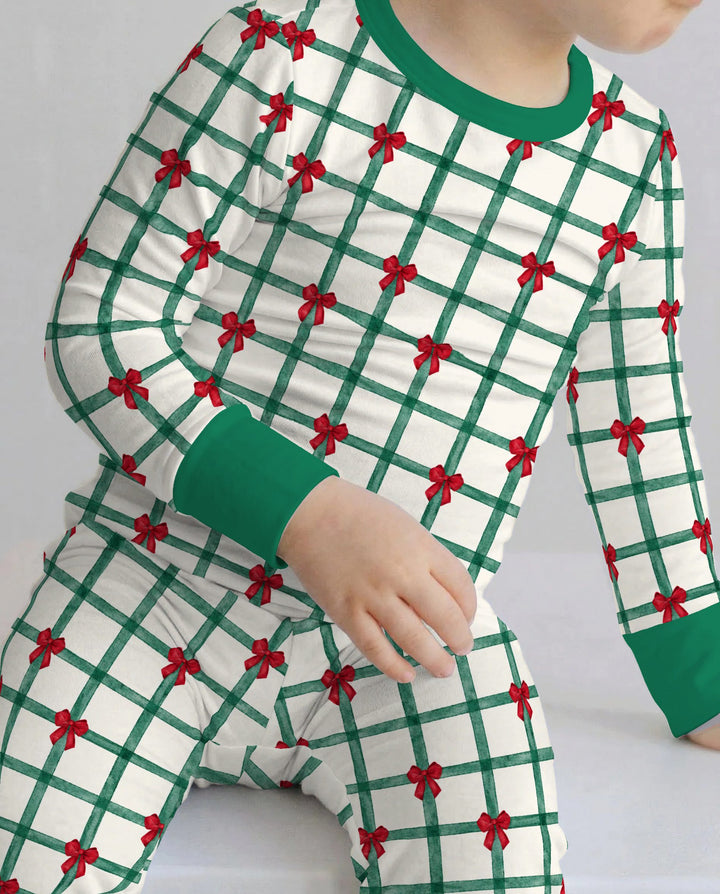 Christmas Plaid Red Bow Bamboo Two Piece Long Sleeve Pajama Set
