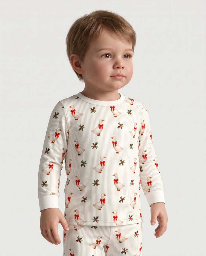 Christmas Goose Red Bow Bamboo Two Piece Long Sleeve Pajama Set