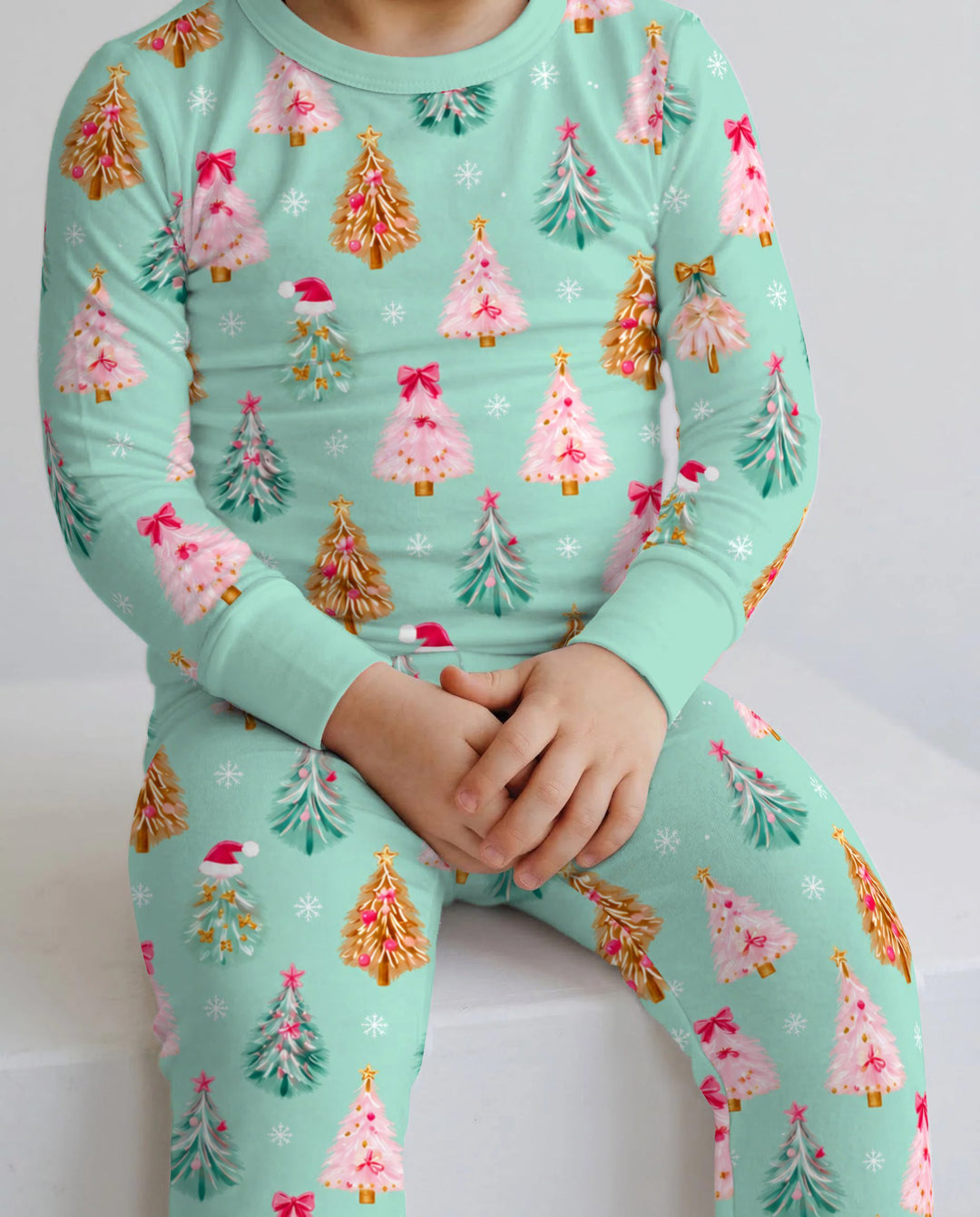 Pink & Gold Christmas Trees Bamboo Two Piece Long Sleeve Pajama Set