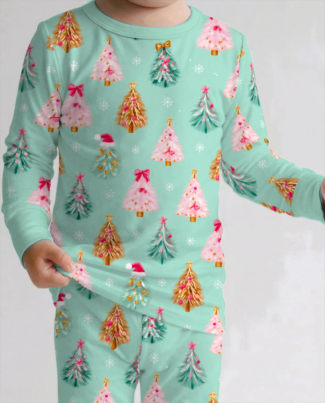 Pink & Gold Christmas Trees Bamboo Two Piece Long Sleeve Pajama Set