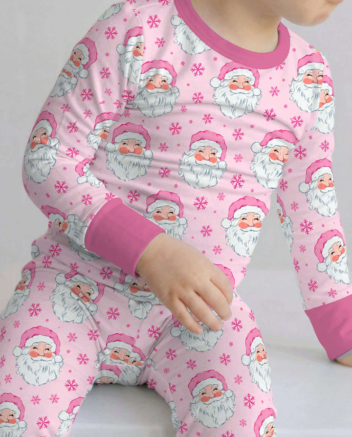 Pink Santa Snowflakes Bamboo Two Piece Long Sleeve Pajama Set