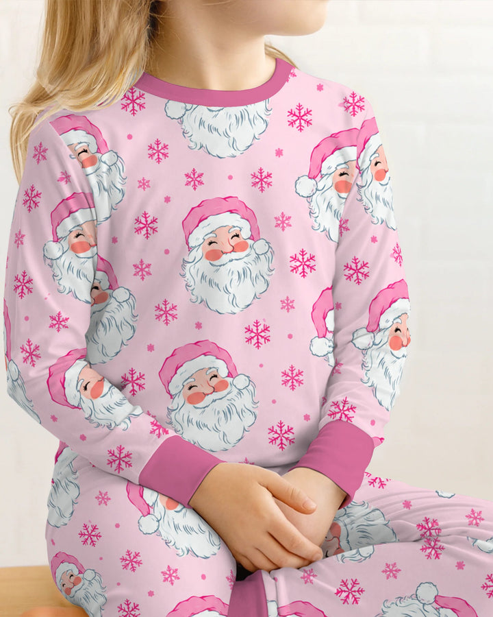Pink Santa Snowflakes Bamboo Two Piece Long Sleeve Pajama Set