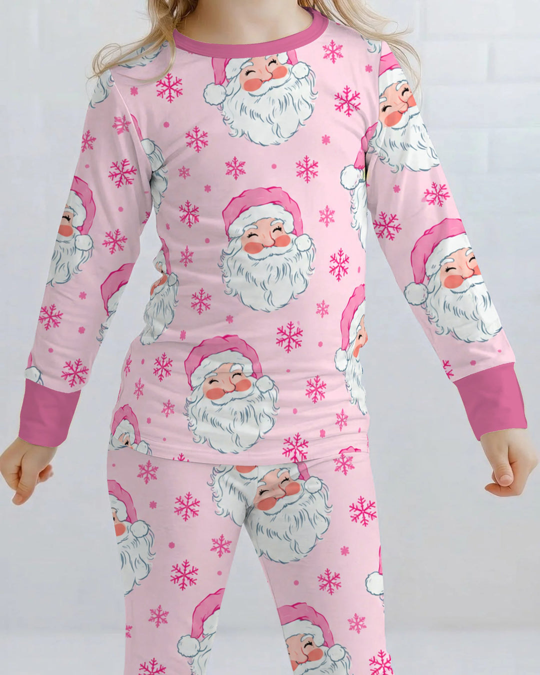 Pink Santa Snowflakes Bamboo Two Piece Long Sleeve Pajama Set