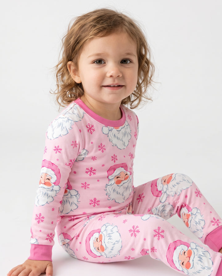 Pink Santa Snowflakes Bamboo Two Piece Long Sleeve Pajama Set