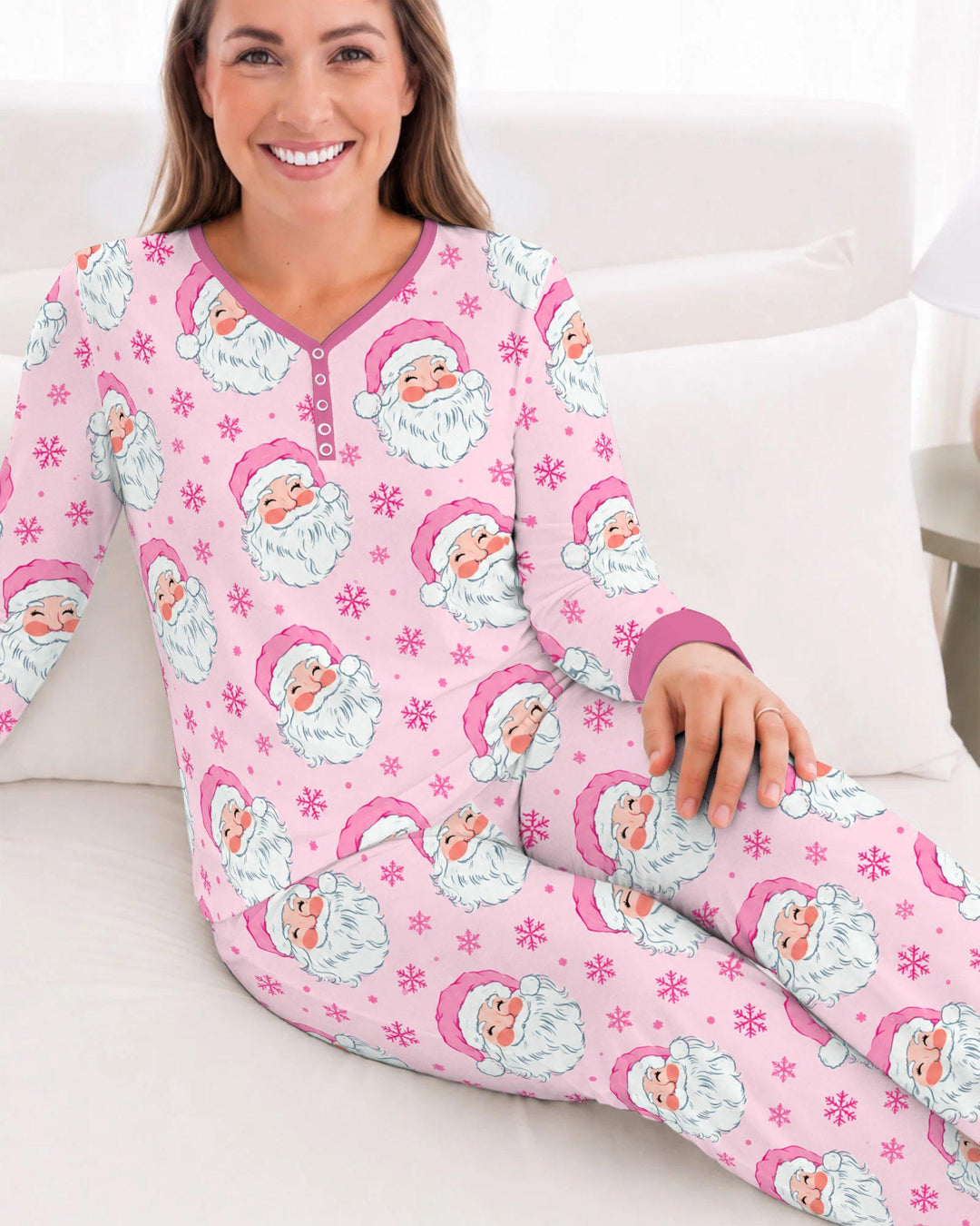 Pink Santa Snowflakes Bamboo Women Pajama Set