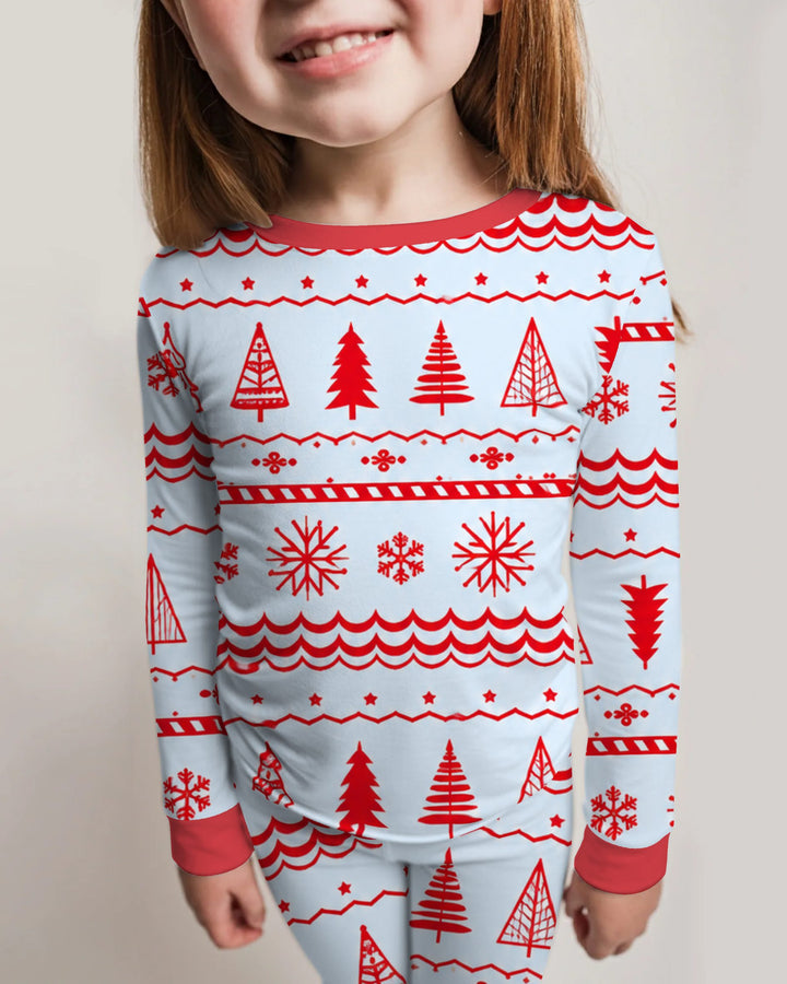 Red Nordic Christmas Trees & Snowflakes Bamboo Two Piece Long Sleeve Pajama Set