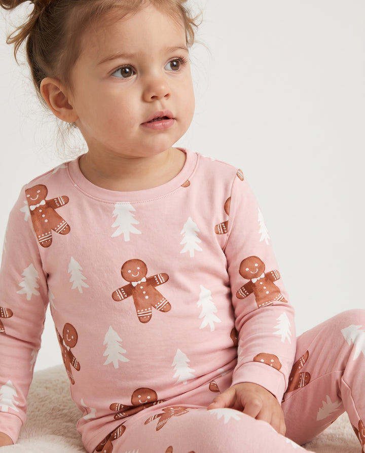 Pink Gingerbread Christmas Forest Bamboo Two Piece Long Sleeve Pajama Set