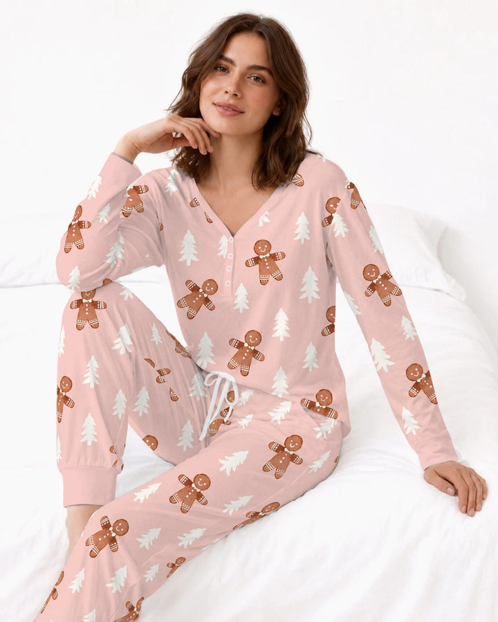 Pink Gingerbread Christmas Forest Bamboo Women Pajama Set