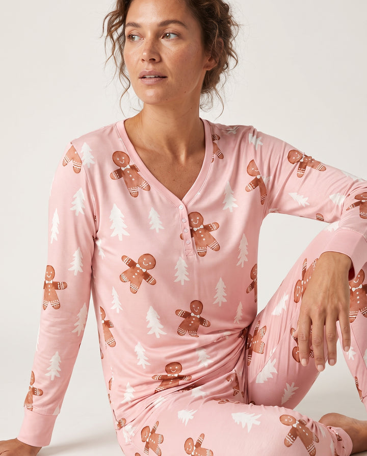 Pink Gingerbread Christmas Forest Bamboo Women Pajama Set