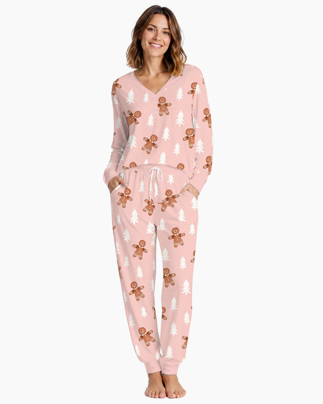 Pink Gingerbread Christmas Forest Bamboo Women Pajama Set