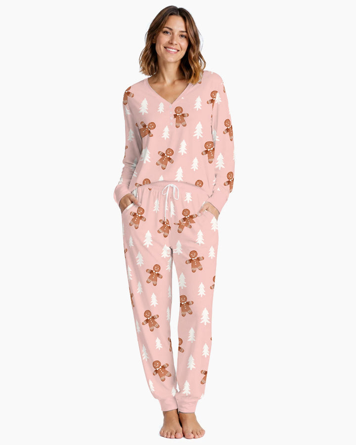 Pink Gingerbread Christmas Forest Bamboo Women Pajama Set