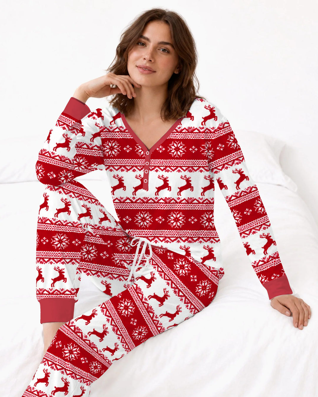 Red Nordic Reindeer Fair Isle Bamboo Women Pajama Set