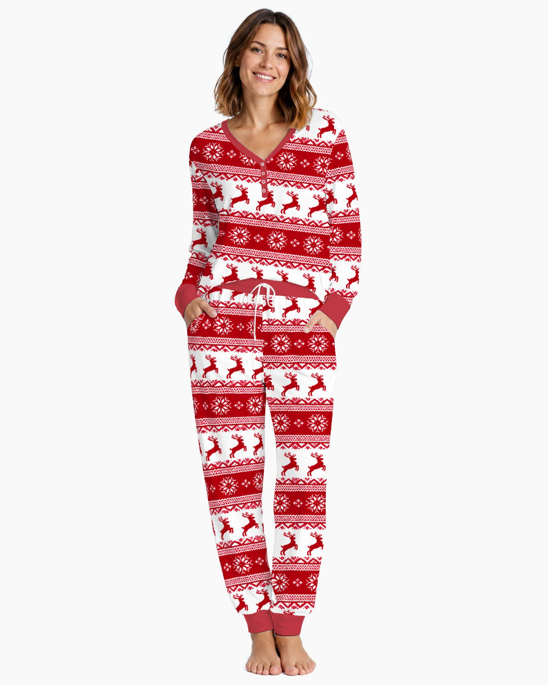 Red Nordic Reindeer Fair Isle Bamboo Women Pajama Set
