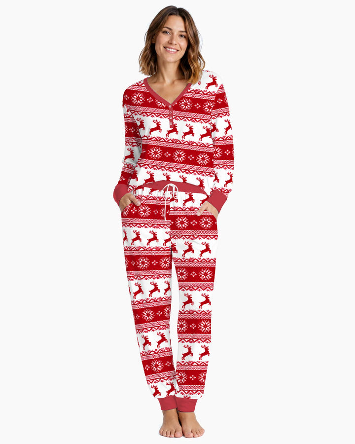Red Nordic Reindeer Fair Isle Bamboo Women Pajama Set