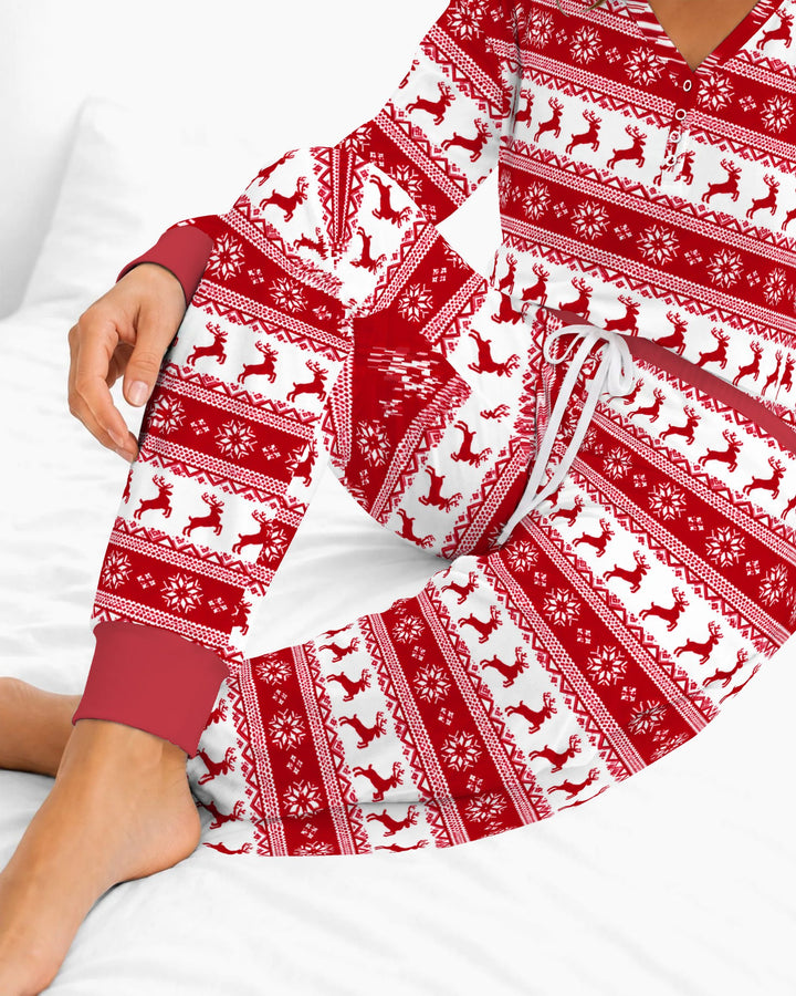 Red Nordic Reindeer Fair Isle Bamboo Women Pajama Set