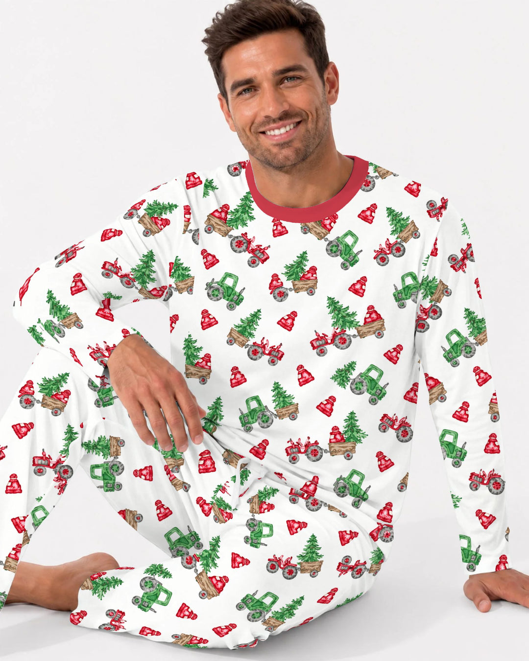 Christmas Tree Farm Tractor & Winter Hats Bamboo Men's Pajama Set